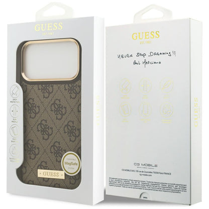 Husa MagSafe pentru Apple iPhone 17 Pro Max, Guess, 4G Logo Plate, Maro
