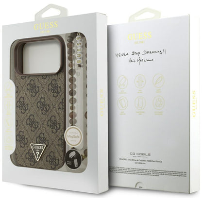 Husa MagSafe pentru Apple iPhone 17 Pro Max, Guess, 4G Triangle Logo Cord Strap, Maro