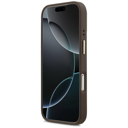 Husa MagSafe pentru Apple iPhone 17 Pro Max, Guess, 4G Triangle Logo with Stand Camera, Maro Aurie