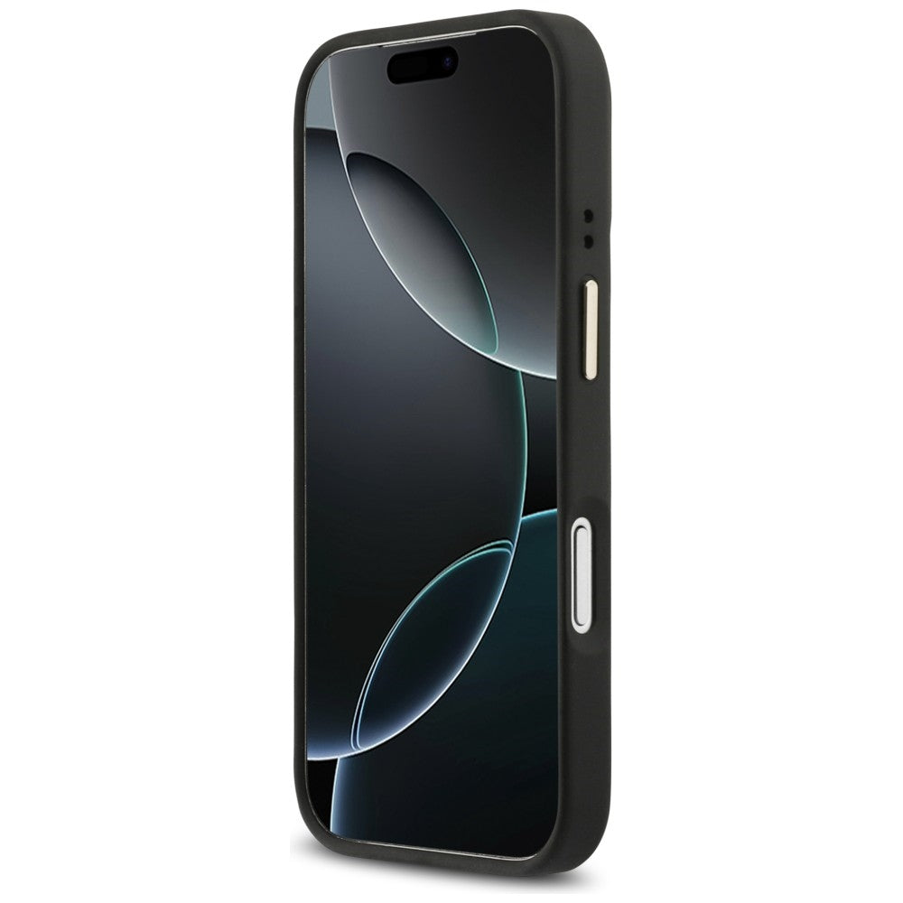 Husa MagSafe pentru Apple iPhone 17 Pro Max, Guess, 4G Triangle Logo with Stand Camera, Neagra Aurie