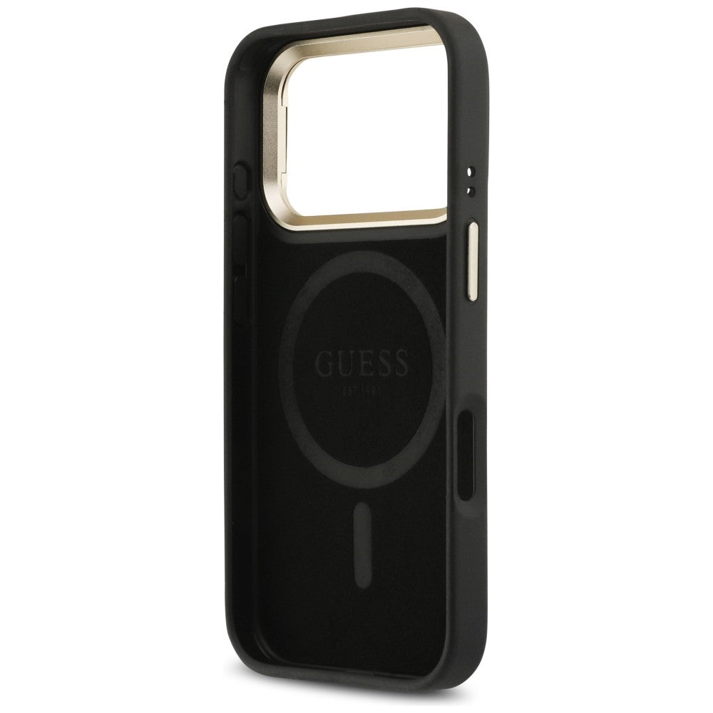 Husa MagSafe pentru Apple iPhone 17 Pro Max, Guess, 4G Triangle Logo with Stand Camera, Neagra Aurie