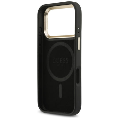 Husa MagSafe pentru Apple iPhone 17 Pro Max, Guess, 4G Triangle Logo with Stand Camera, Neagra Aurie