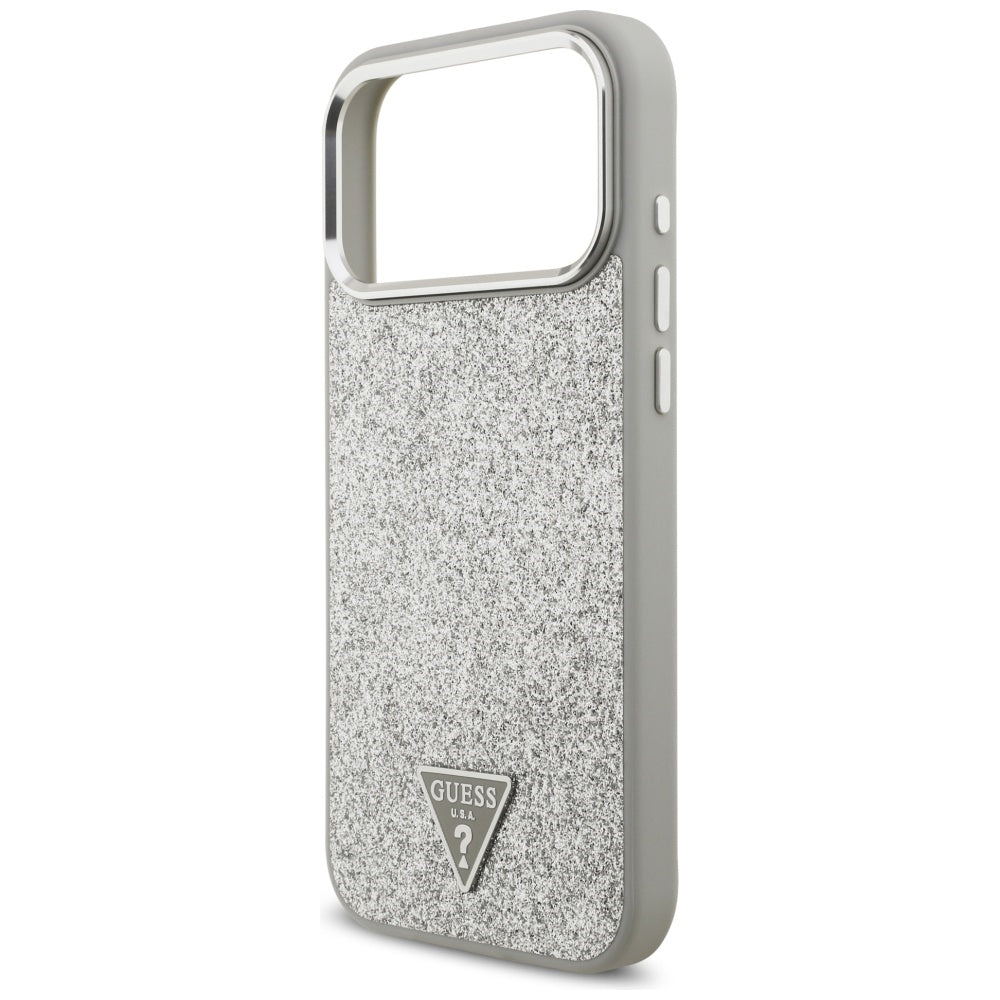 Husa MagSafe pentru Apple iPhone 17 Pro Max, Guess, Glitter Triangle Logo, Argintie