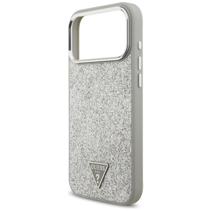 Husa MagSafe pentru Apple iPhone 17 Pro Max, Guess, Glitter Triangle Logo, Argintie