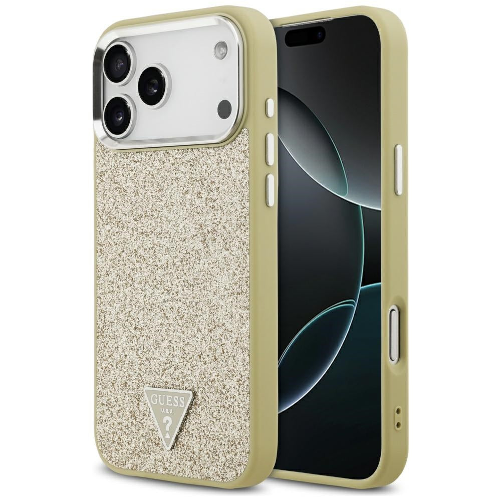Husa MagSafe pentru Apple iPhone 17 Pro Max, Guess, Glitter Triangle Logo, Aurie