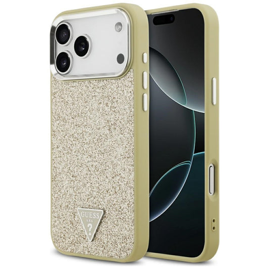 Husa MagSafe pentru Apple iPhone 17 Pro Max, Guess, Glitter Triangle Logo, Aurie