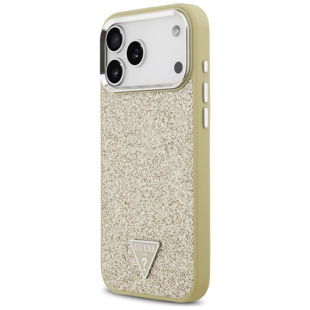 Husa MagSafe pentru Apple iPhone 17 Pro Max, Guess, Glitter Triangle Logo, Aurie