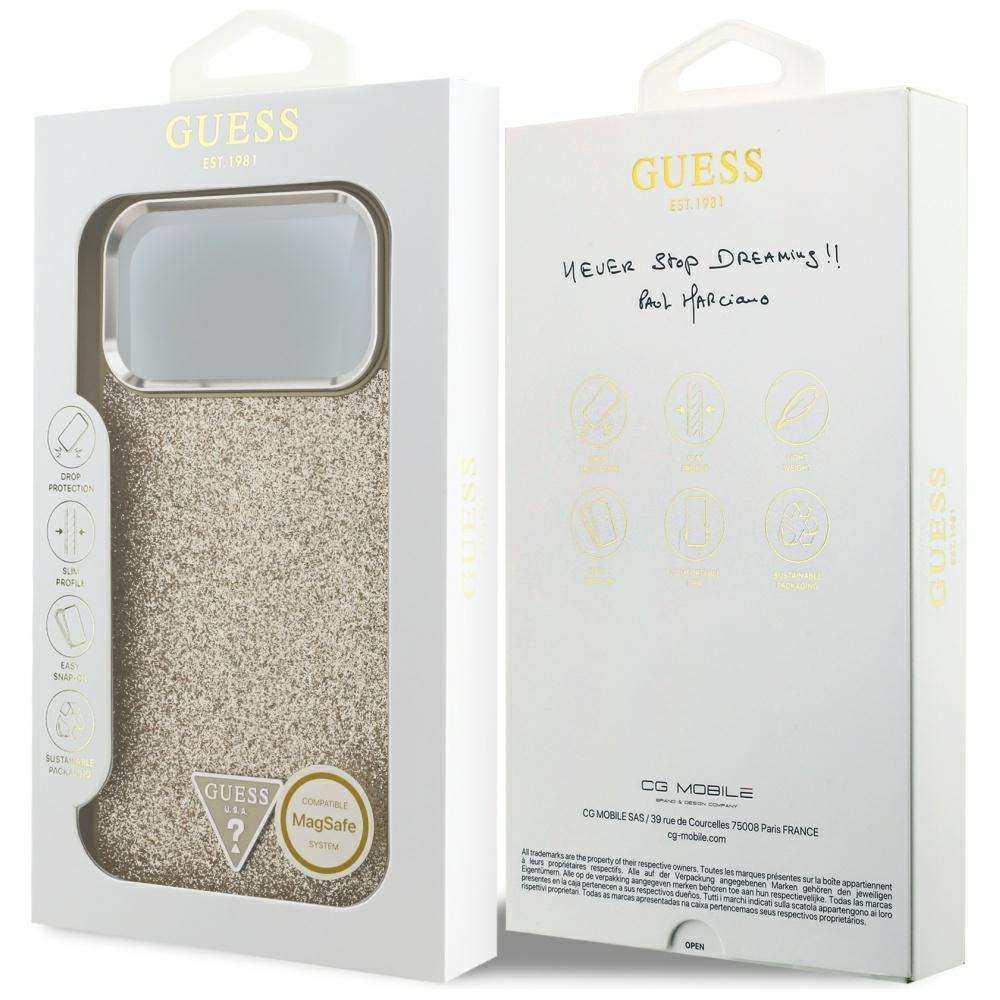 Husa MagSafe pentru Apple iPhone 17 Pro Max, Guess, Glitter Triangle Logo, Aurie