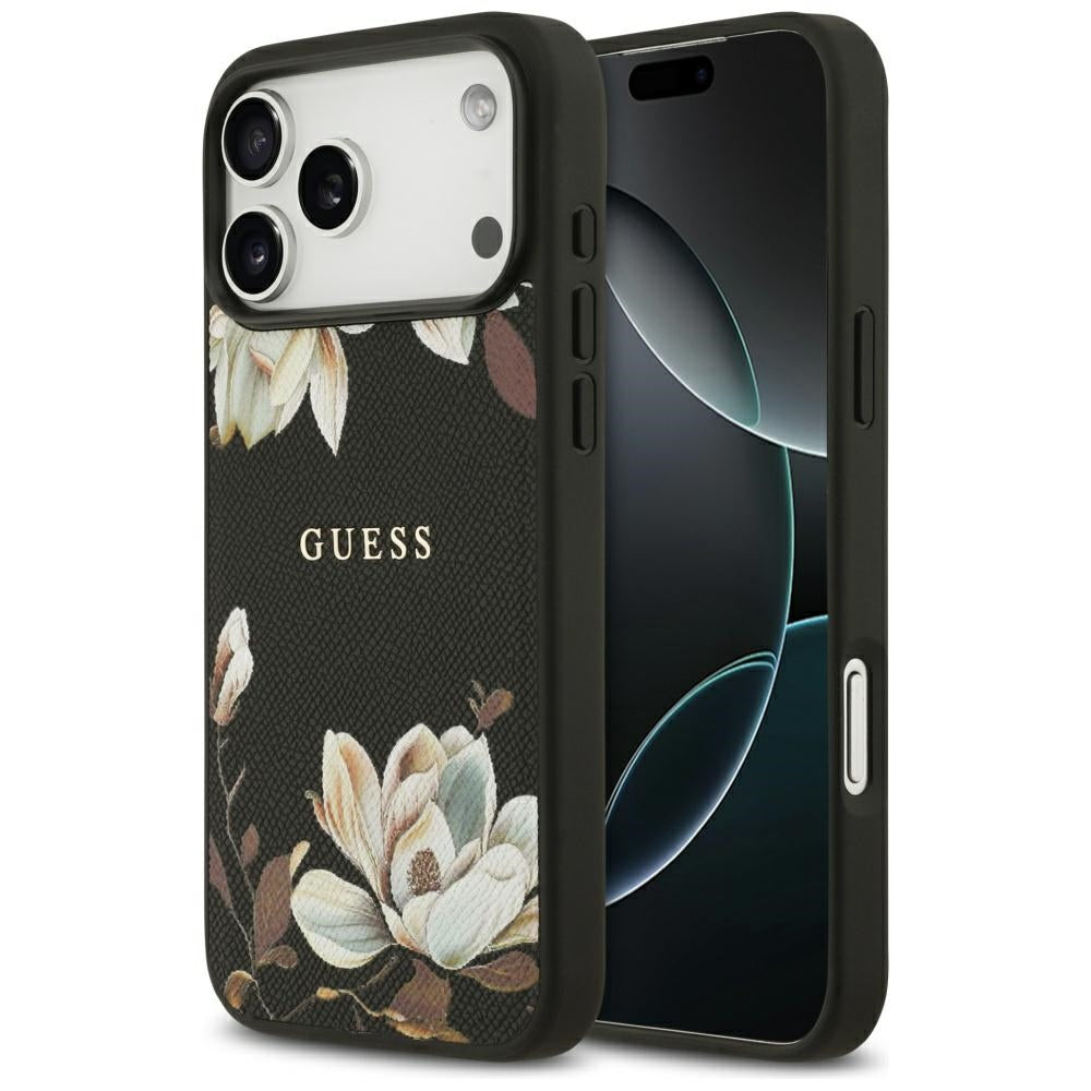 Husa MagSafe pentru Apple iPhone 17 Pro Max, Guess, Grained Flowers, Neagra