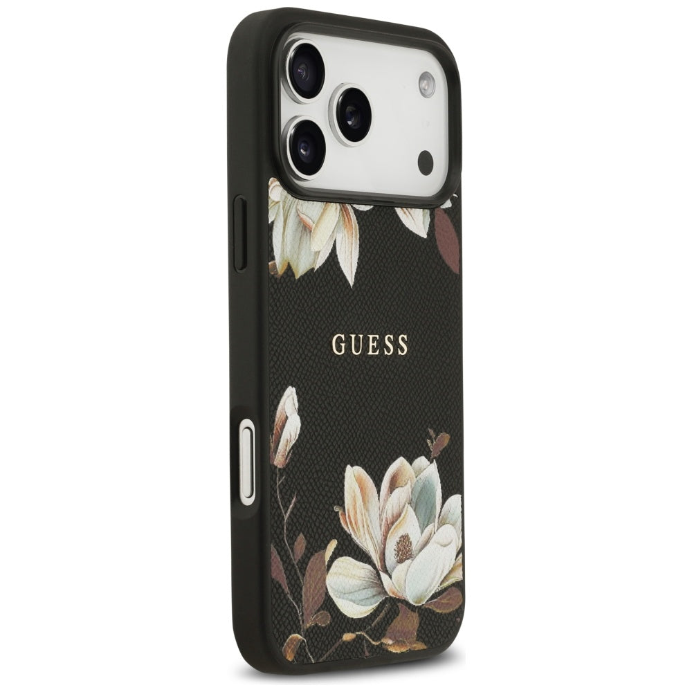 Husa MagSafe pentru Apple iPhone 17 Pro Max, Guess, Grained Flowers, Neagra