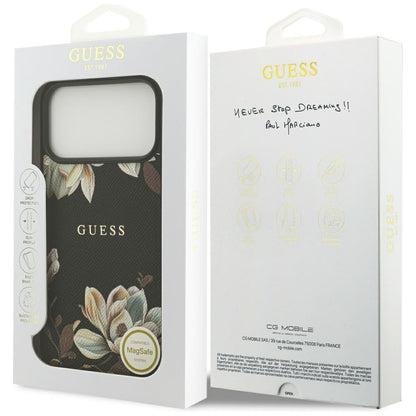 Husa MagSafe pentru Apple iPhone 17 Pro Max, Guess, Grained Flowers, Neagra