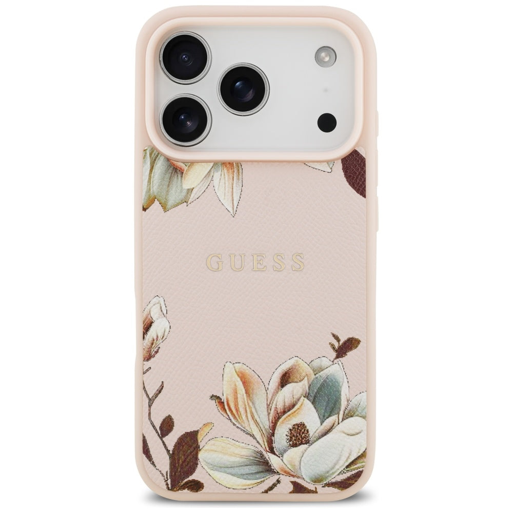 Husa MagSafe pentru Apple iPhone 17 Pro Max, Guess, Grained Flowers, Roz