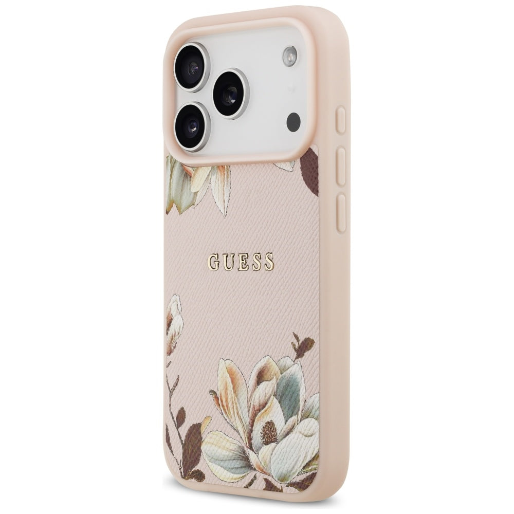 Husa MagSafe pentru Apple iPhone 17 Pro Max, Guess, Grained Flowers, Roz
