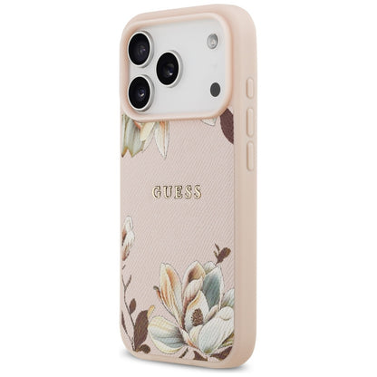 Husa MagSafe pentru Apple iPhone 17 Pro Max, Guess, Grained Flowers, Roz