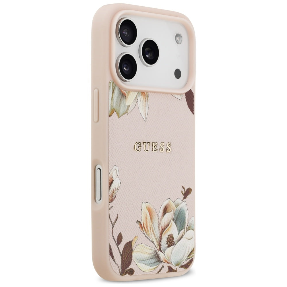 Husa MagSafe pentru Apple iPhone 17 Pro Max, Guess, Grained Flowers, Roz