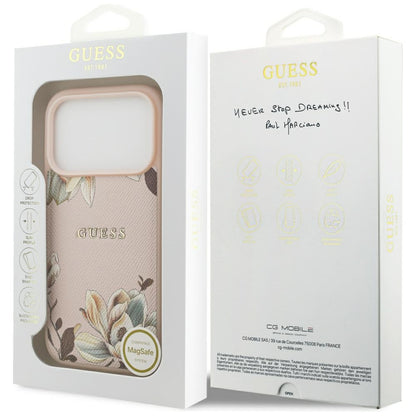 Husa MagSafe pentru Apple iPhone 17 Pro Max, Guess, Grained Flowers, Roz
