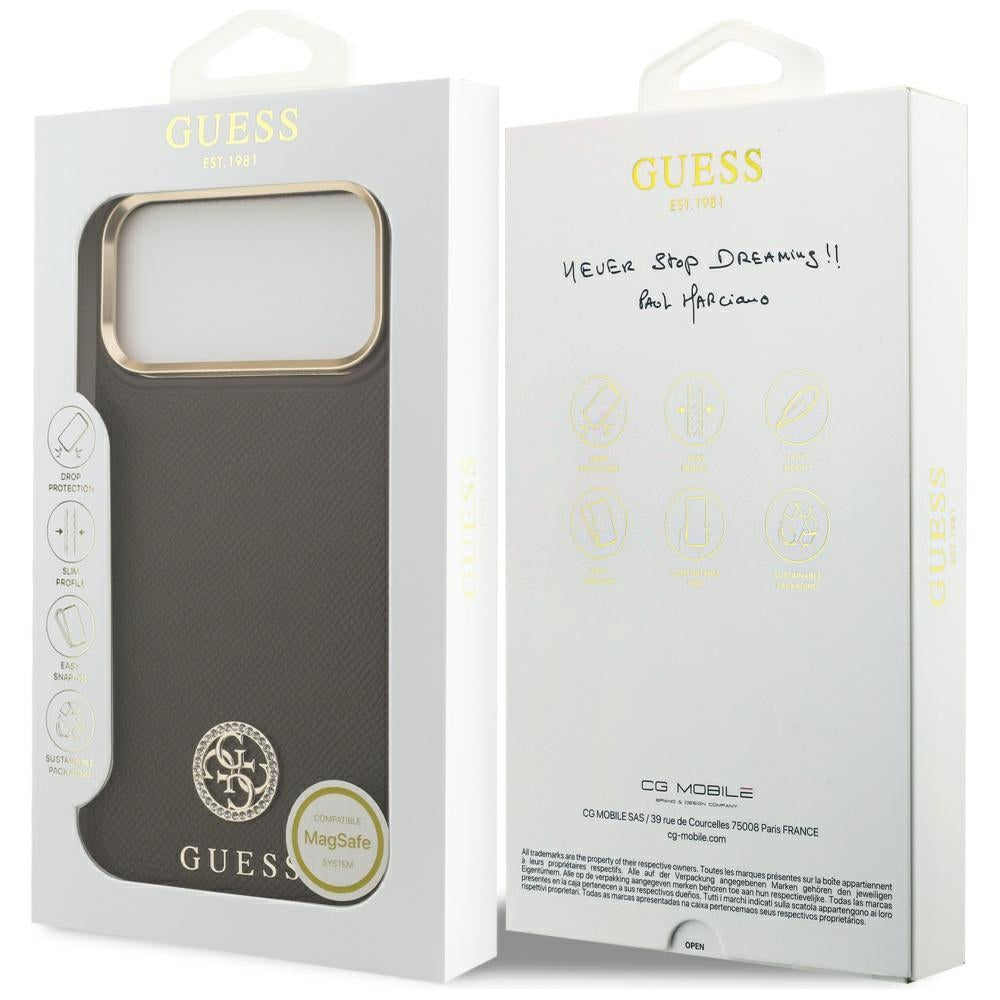 Husa MagSafe pentru Apple iPhone 17 Pro Max, Guess, Grained Strass Logo, Maro