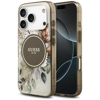 Husa MagSafe pentru Apple iPhone 17 Pro Max, Guess, IML Flower & Tonal Circle, Maro
