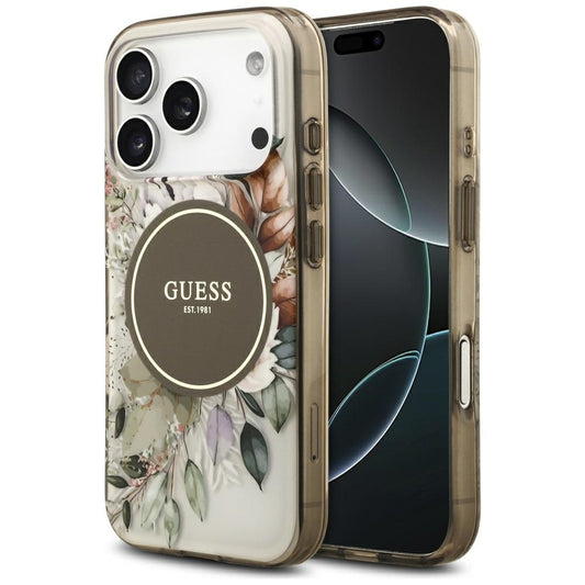 Husa MagSafe pentru Apple iPhone 17 Pro Max, Guess, IML Flower & Tonal Circle, Maro