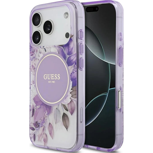 Husa MagSafe pentru Apple iPhone 17 Pro Max, Guess, IML Flower & Tonal Circle, Mov