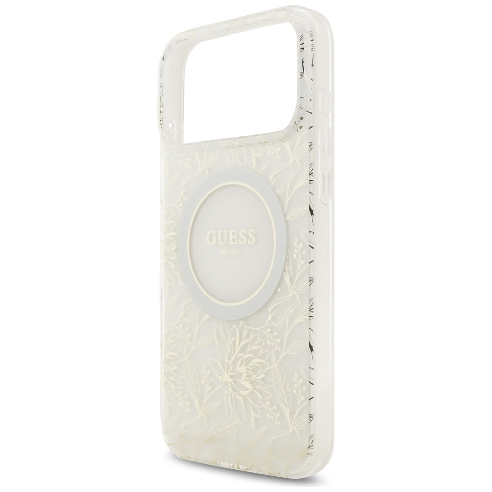 Husa MagSafe pentru Apple iPhone 17 Pro Max, Guess, IML Flowers Allover Electroplated with Pearl Strap, Alba