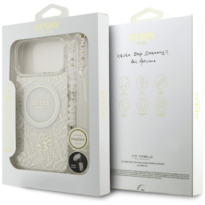 Husa MagSafe pentru Apple iPhone 17 Pro Max, Guess, IML Flowers Allover Electroplated with Pearl Strap, Alba
