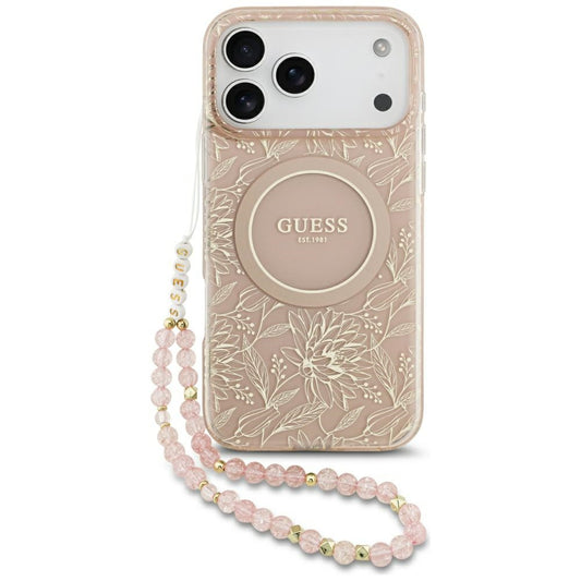 Husa MagSafe pentru Apple iPhone 17 Pro Max, Guess, IML Flowers Allover Electroplated with Pearl Strap, Roz