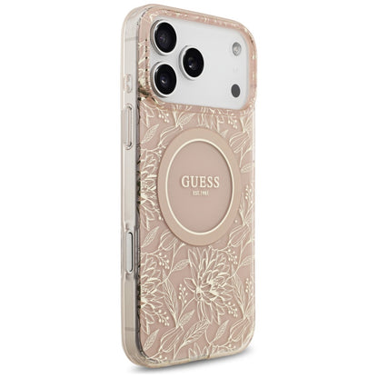 Husa MagSafe pentru Apple iPhone 17 Pro Max, Guess, IML Flowers Allover Electroplated with Pearl Strap, Roz