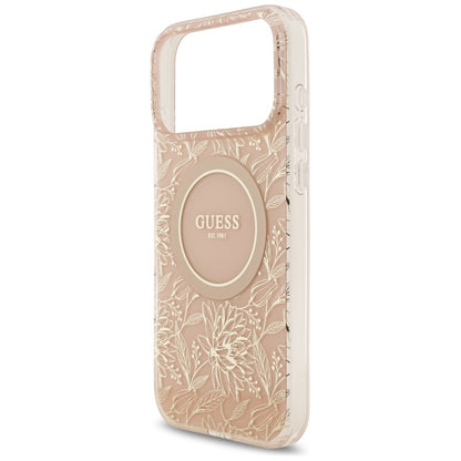 Husa MagSafe pentru Apple iPhone 17 Pro Max, Guess, IML Flowers Allover Electroplated with Pearl Strap, Roz