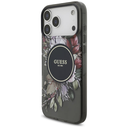Husa MagSafe pentru Apple iPhone 17 Pro Max, Guess, IML Flowers with Pearl Strap, Neagra