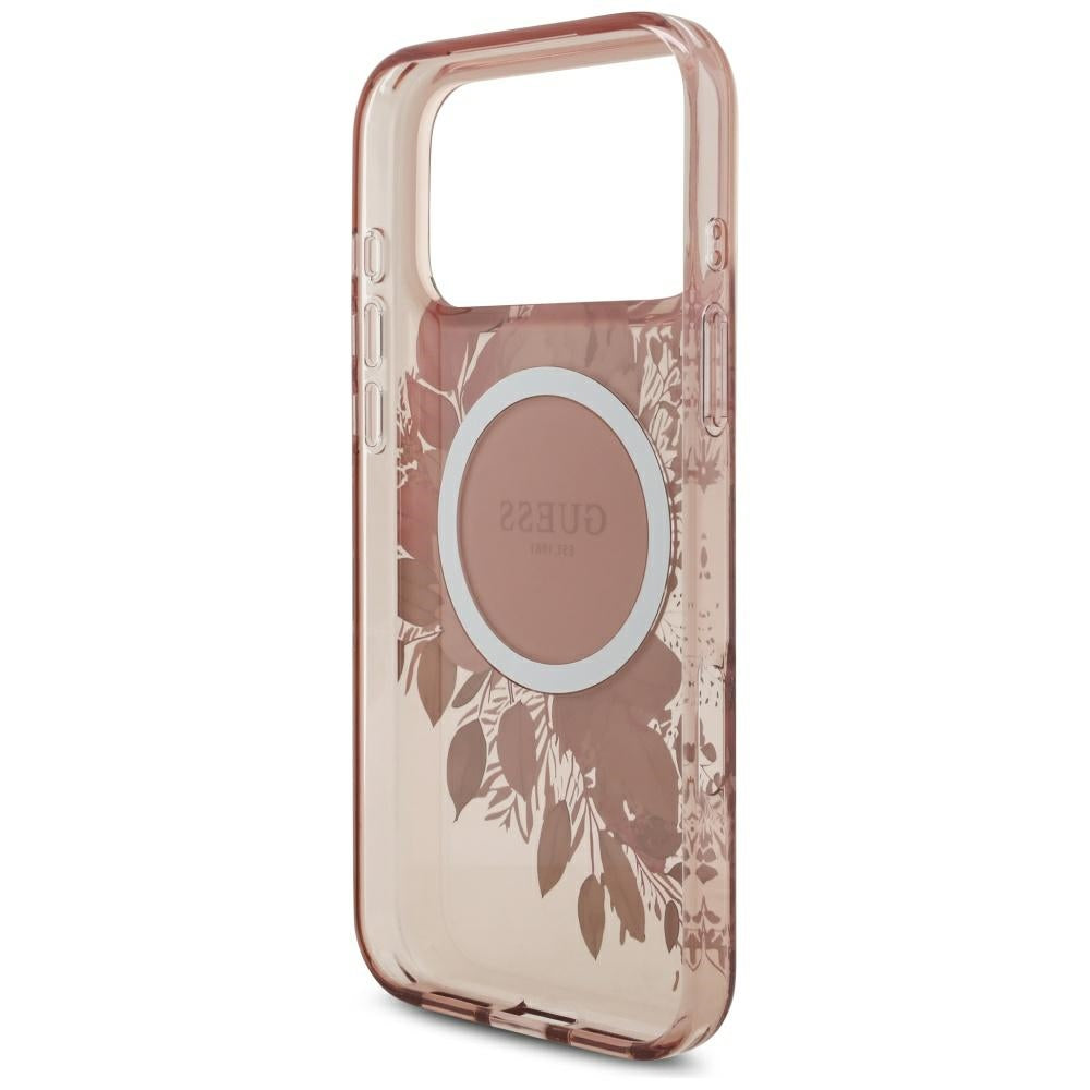 Husa MagSafe pentru Apple iPhone 17 Pro Max, Guess, IML Flowers with Pearl Strap, Roz
