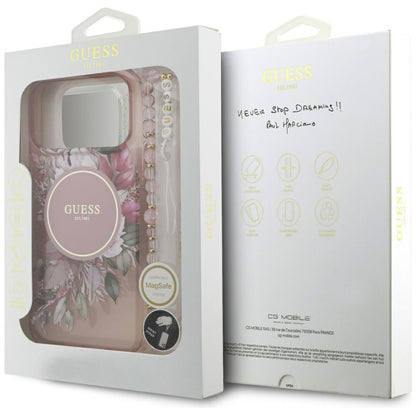 Husa MagSafe pentru Apple iPhone 17 Pro Max, Guess, IML Flowers with Pearl Strap, Roz