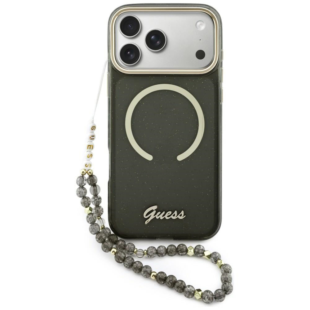 Husa MagSafe pentru Apple iPhone 17 Pro Max, Guess, IML Glitter Script Strap, Neagra