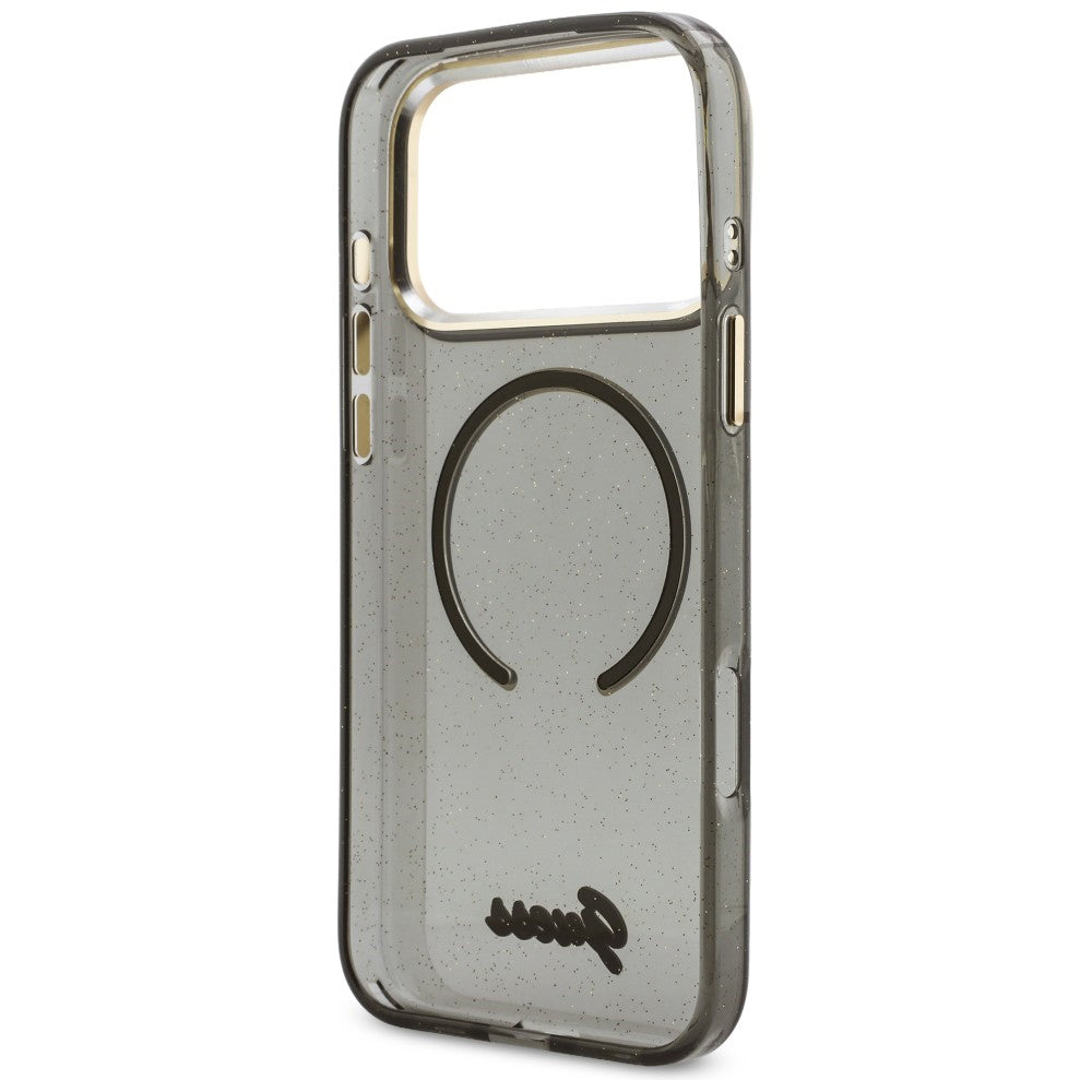 Husa MagSafe pentru Apple iPhone 17 Pro Max, Guess, IML Glitter Script Strap, Neagra