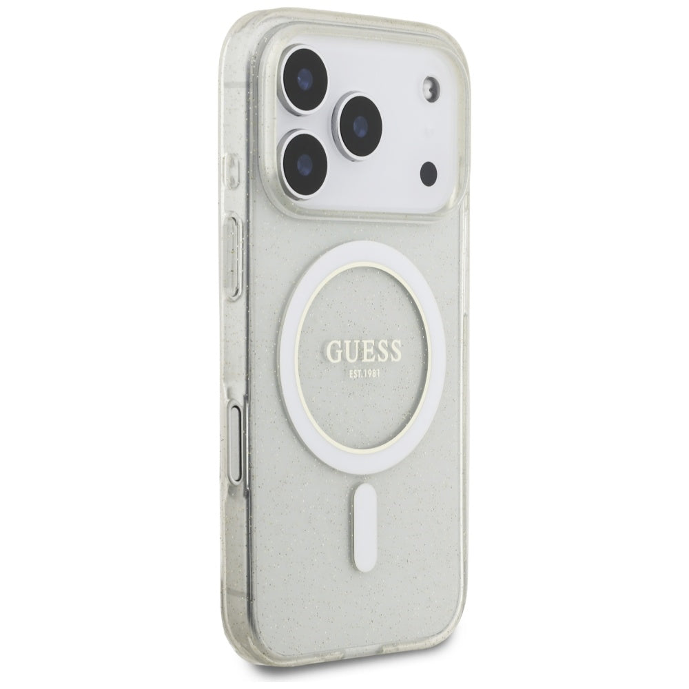 Husa MagSafe pentru Apple iPhone 17 Pro Max, Guess, IML Glitter with Pearl Strap, Transparenta