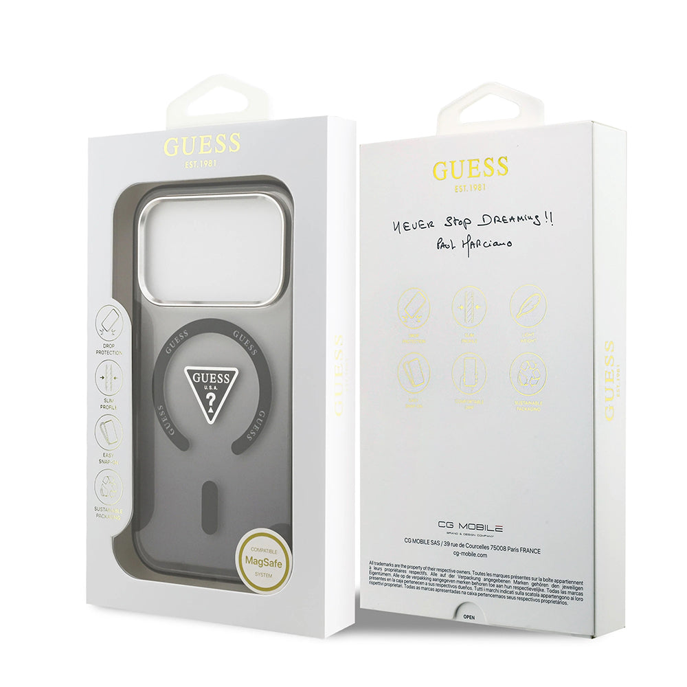 Husa MagSafe pentru Apple iPhone 17 Pro Max, Guess, IML Gradient Triangle Logo, Neagra Argintie
