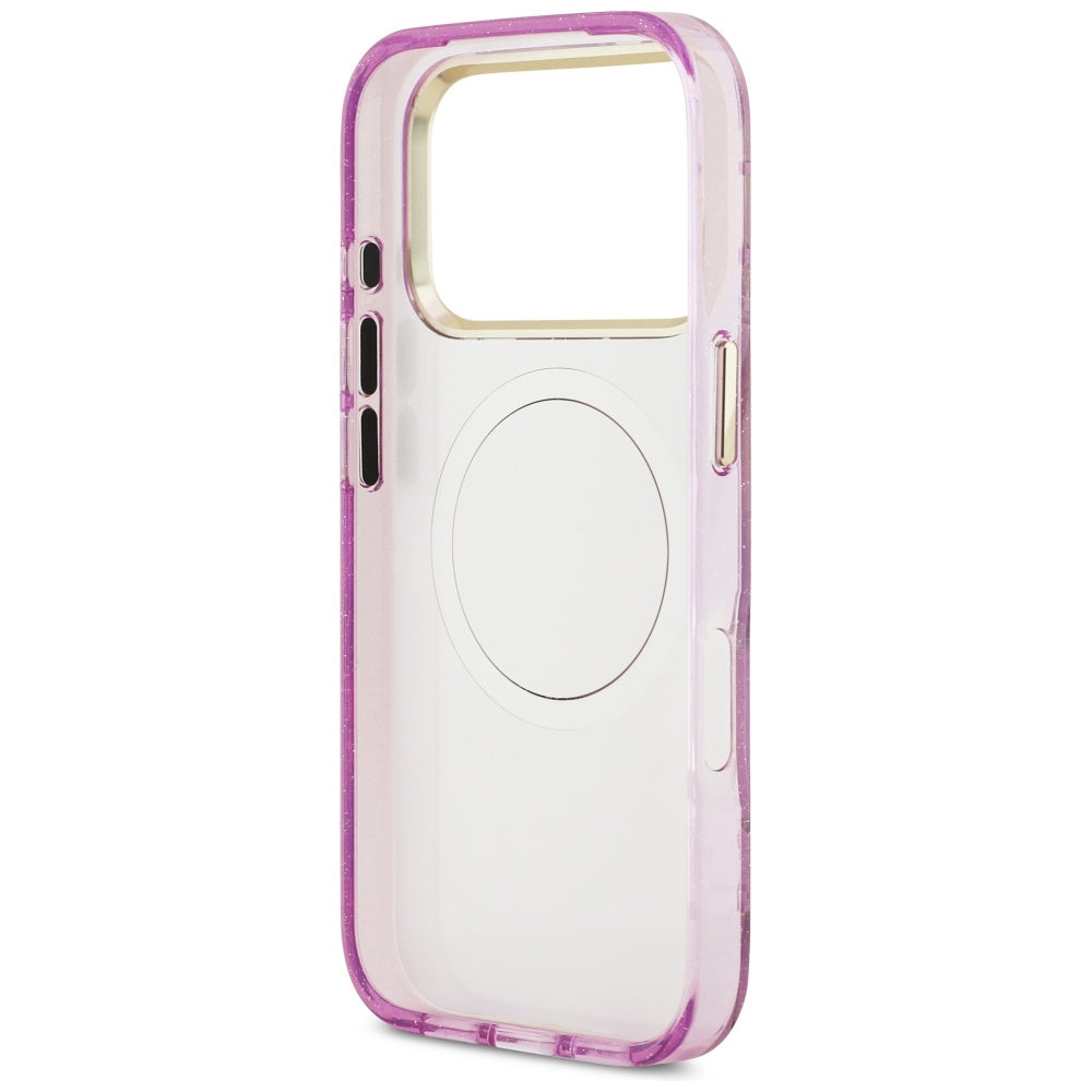 Husa MagSafe pentru Apple iPhone 17 Pro Max, Guess, IML Metal Glitter Flowers Triangle, Mov