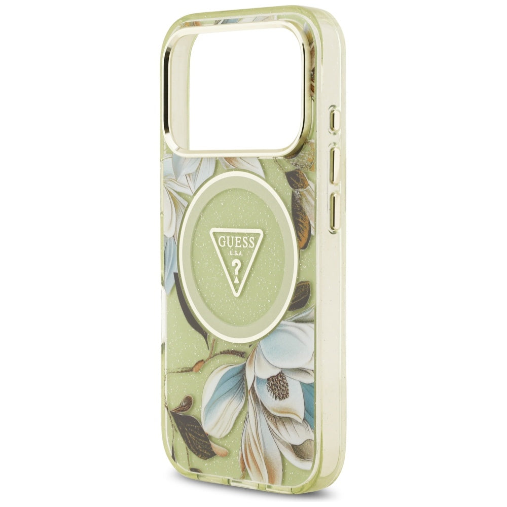 Husa MagSafe pentru Apple iPhone 17 Pro Max, Guess, IML Metal Glitter Flowers Triangle, Verde
