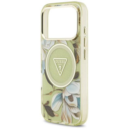 Husa MagSafe pentru Apple iPhone 17 Pro Max, Guess, IML Metal Glitter Flowers Triangle, Verde