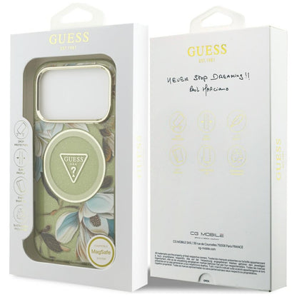 Husa MagSafe pentru Apple iPhone 17 Pro Max, Guess, IML Metal Glitter Flowers Triangle, Verde