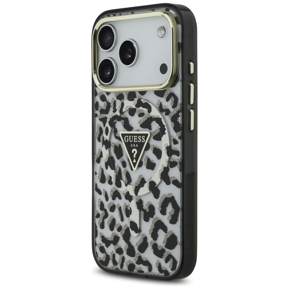 Husa MagSafe pentru Apple iPhone 17 Pro Max, Guess, Leopard Glitter, Neagra