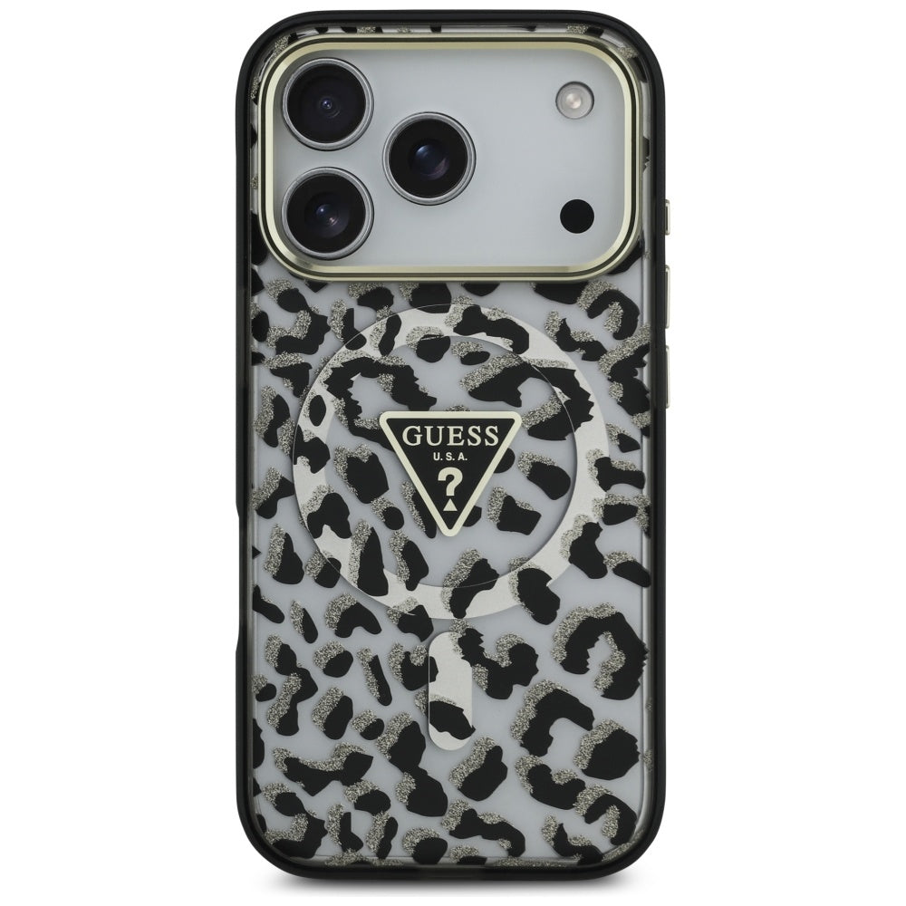 Husa MagSafe pentru Apple iPhone 17 Pro Max, Guess, Leopard Glitter, Neagra