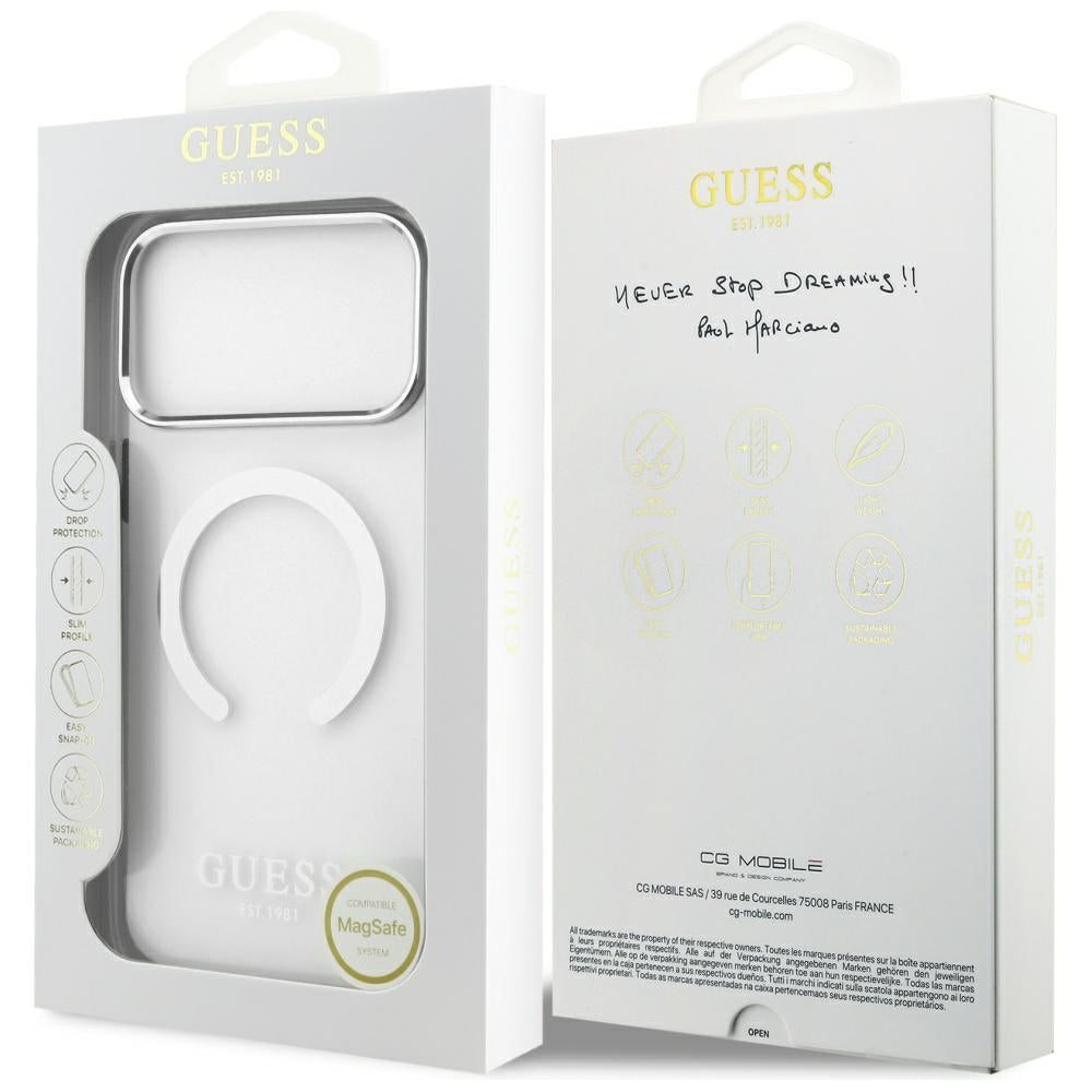 Husa MagSafe pentru Apple iPhone 17 Pro Max, Guess, Metal Outline, Argintie