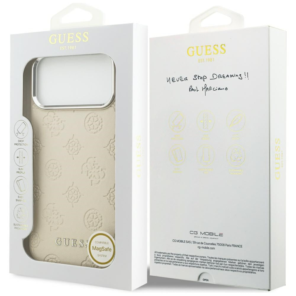Husa MagSafe pentru Apple iPhone 17 Pro Max, Guess, Peony Hot Stamp Script, Bej