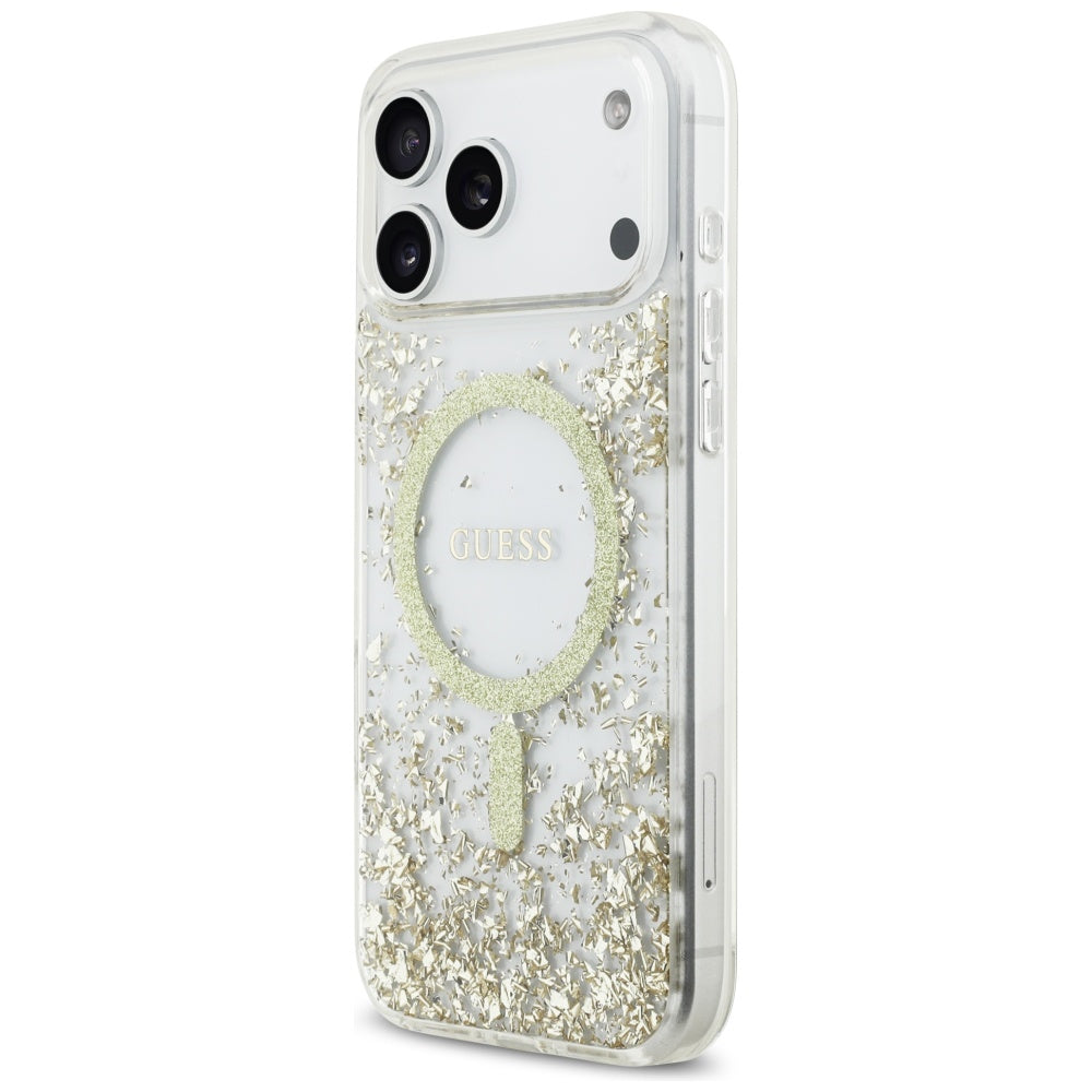 Husa MagSafe pentru Apple iPhone 17 Pro Max, Guess, Resin Bottom Glitter, Aurie