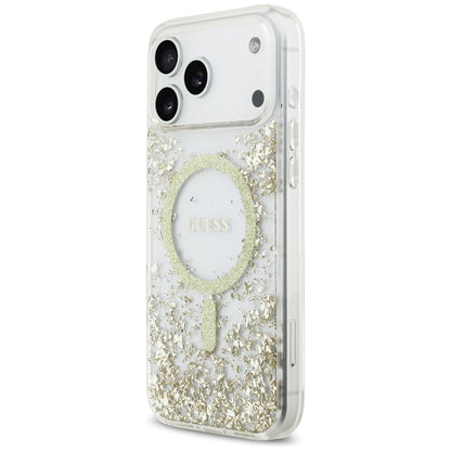 Husa MagSafe pentru Apple iPhone 17 Pro Max, Guess, Resin Bottom Glitter, Aurie