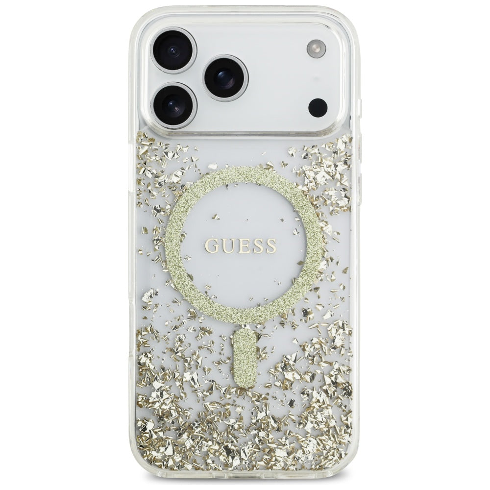 Husa MagSafe pentru Apple iPhone 17 Pro Max, Guess, Resin Bottom Glitter, Aurie