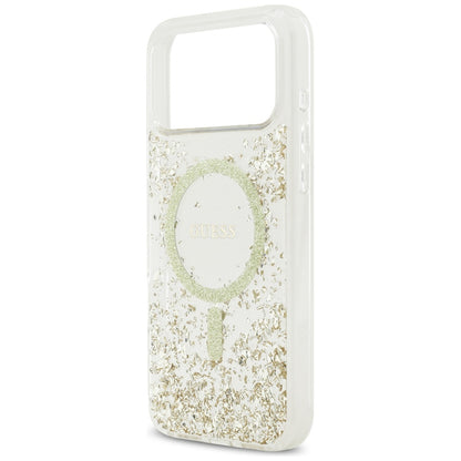 Husa MagSafe pentru Apple iPhone 17 Pro Max, Guess, Resin Bottom Glitter, Aurie