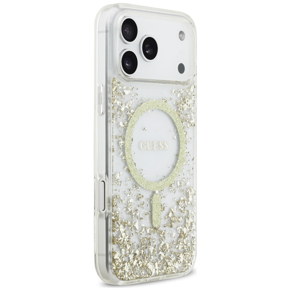 Husa MagSafe pentru Apple iPhone 17 Pro Max, Guess, Resin Bottom Glitter, Aurie
