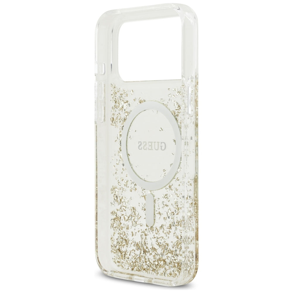 Husa MagSafe pentru Apple iPhone 17 Pro Max, Guess, Resin Bottom Glitter, Aurie